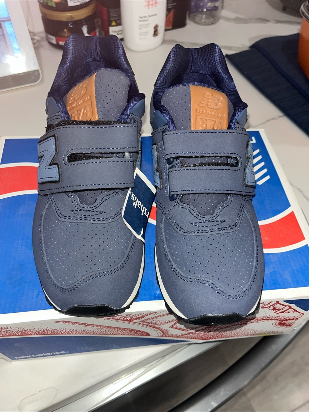 New Balance Kids Navy and Tan Hook-and-Loop Sneakers